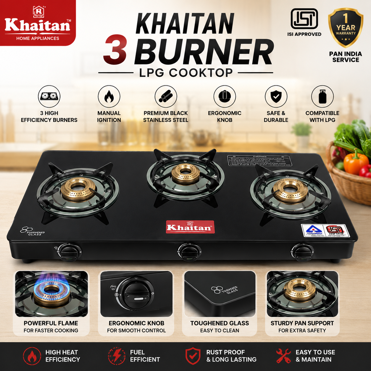 Khaitan 3 Burner Black Glass Gas Stove  Manual Ignition LPG Cooktop  ISI Certified